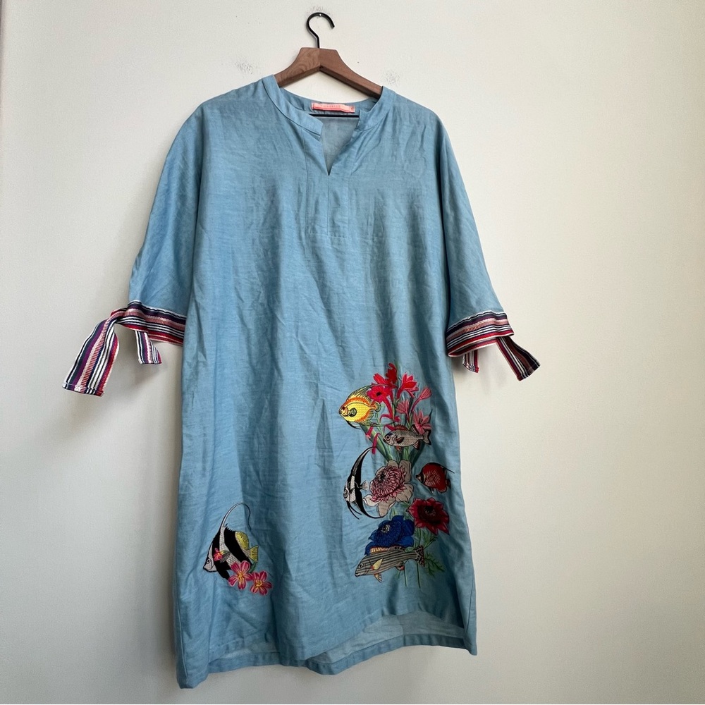 Vilagallo Embroidered Patch Tropical Fish Chambray Dress 44/10 Floral Resortwear - Picture 2 of 14